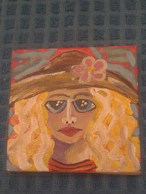 Hand-Painted Floral Portrait Canvas Wall Art - Yellow & Blue